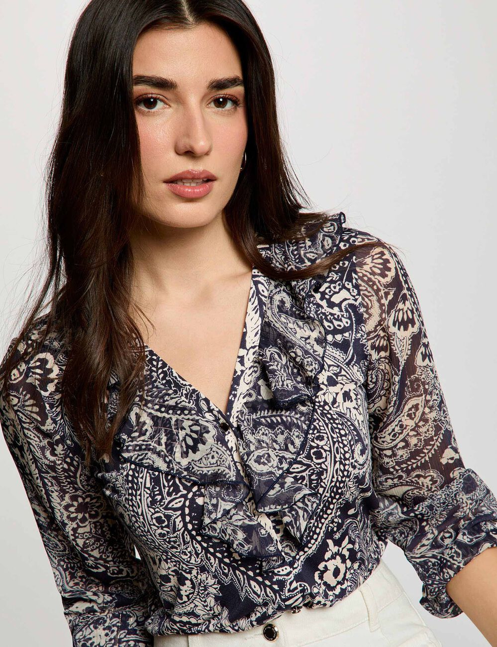 Blusa de gasa con cuello en v blanco mujer