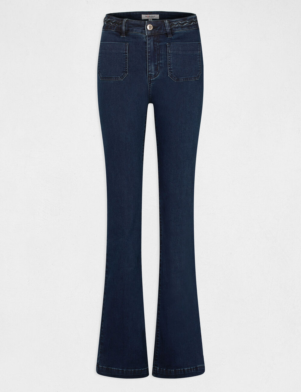 Vaquero boot-cut con detalles trenzados vaquero en bruto mujer