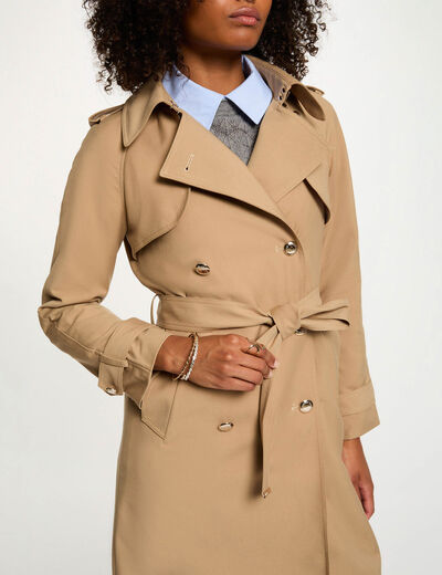 Trench largo con cuello sastre beige mujer