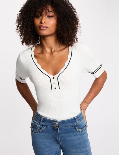 Jersey entallado con cuello en V blanco mujer