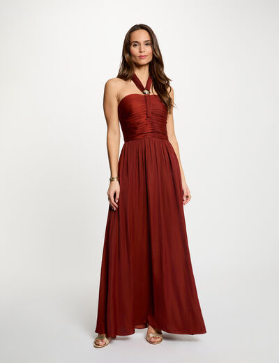 Vestido largo con cuello anudado marr&oacute;n co&ntilde;ac mujer