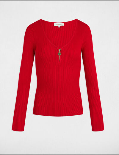 Jersey manga larga acanalado rojo mujer