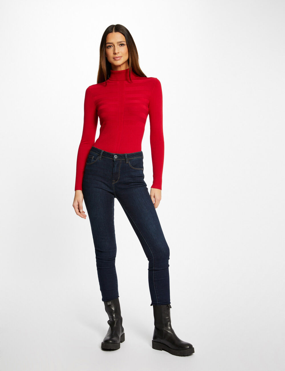 Jersey de cuello alto ajustado rojo vino mujer