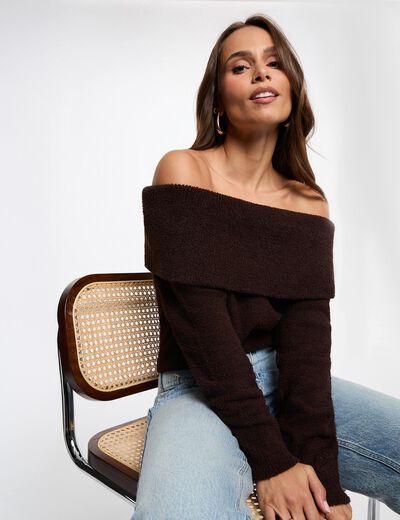 Jersey con cuello bardot marr&oacute;n oscuro mujer