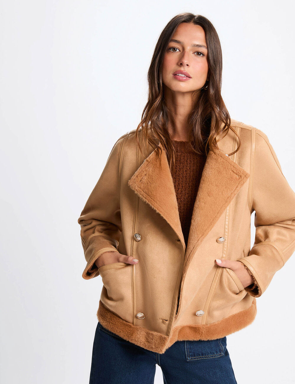 Chaqueta corta de piel con lana marr&oacute;n co&ntilde;ac mujer