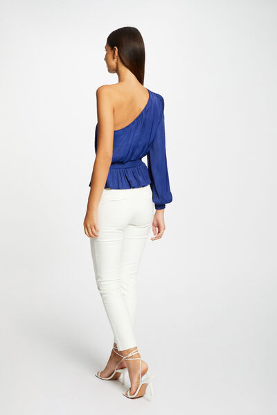 Blusa asimétrica rizada azul eléctrico mujer