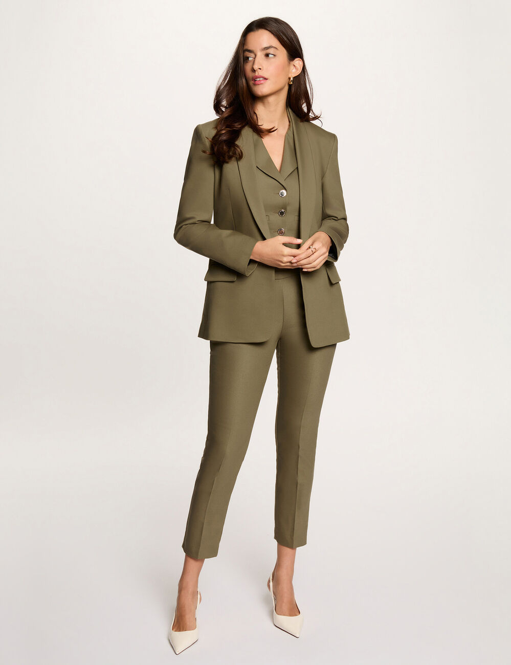 Chaqueta corta cuello chal verde caqui mujer