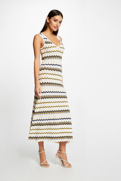 Vestido de punto largo recto estampado marfil mujer