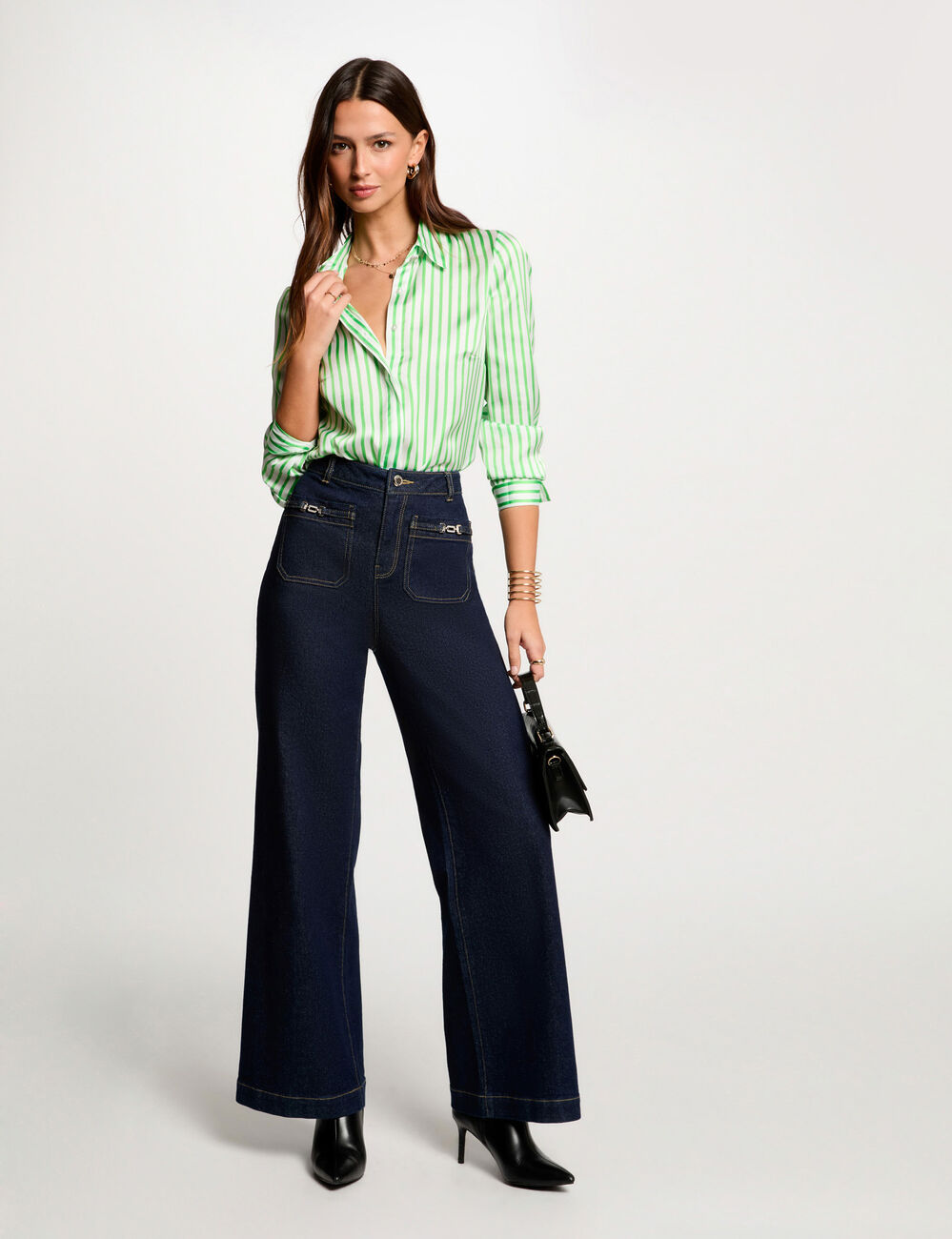 Camisa manga larga rayas verde mujer