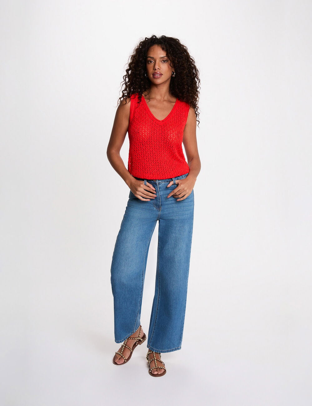 Top de crochet con cuello en v rojo vivo mujer