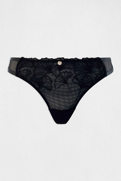 Tanga de encaje negro mujer
