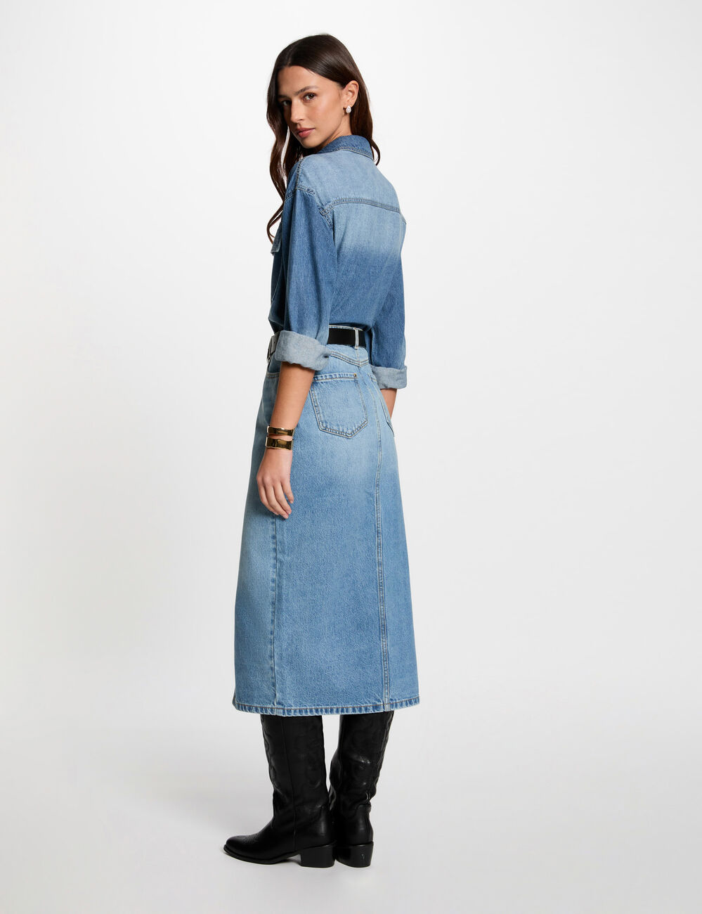 Falda midi recta de vaquero denim stone mujer