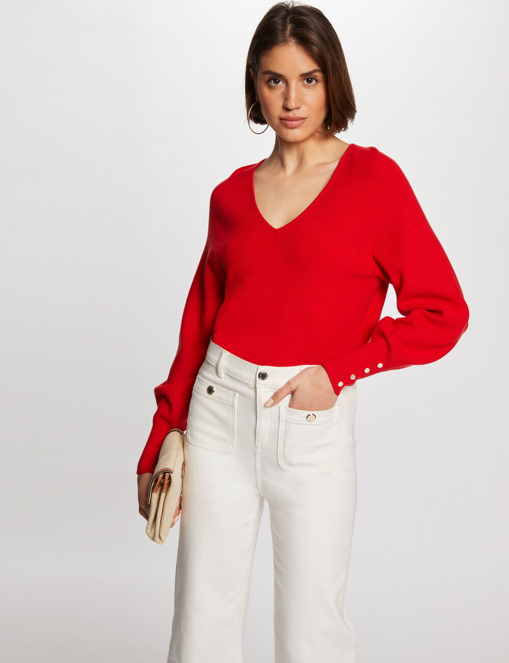 Jersey manga larga escote en V rojo mujer