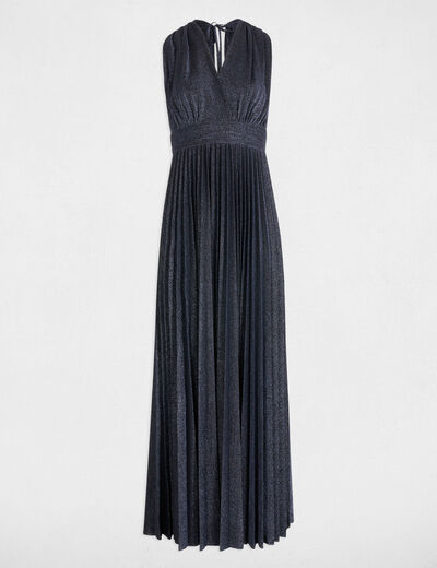 Vestido largo recto plisado azul marino mujer