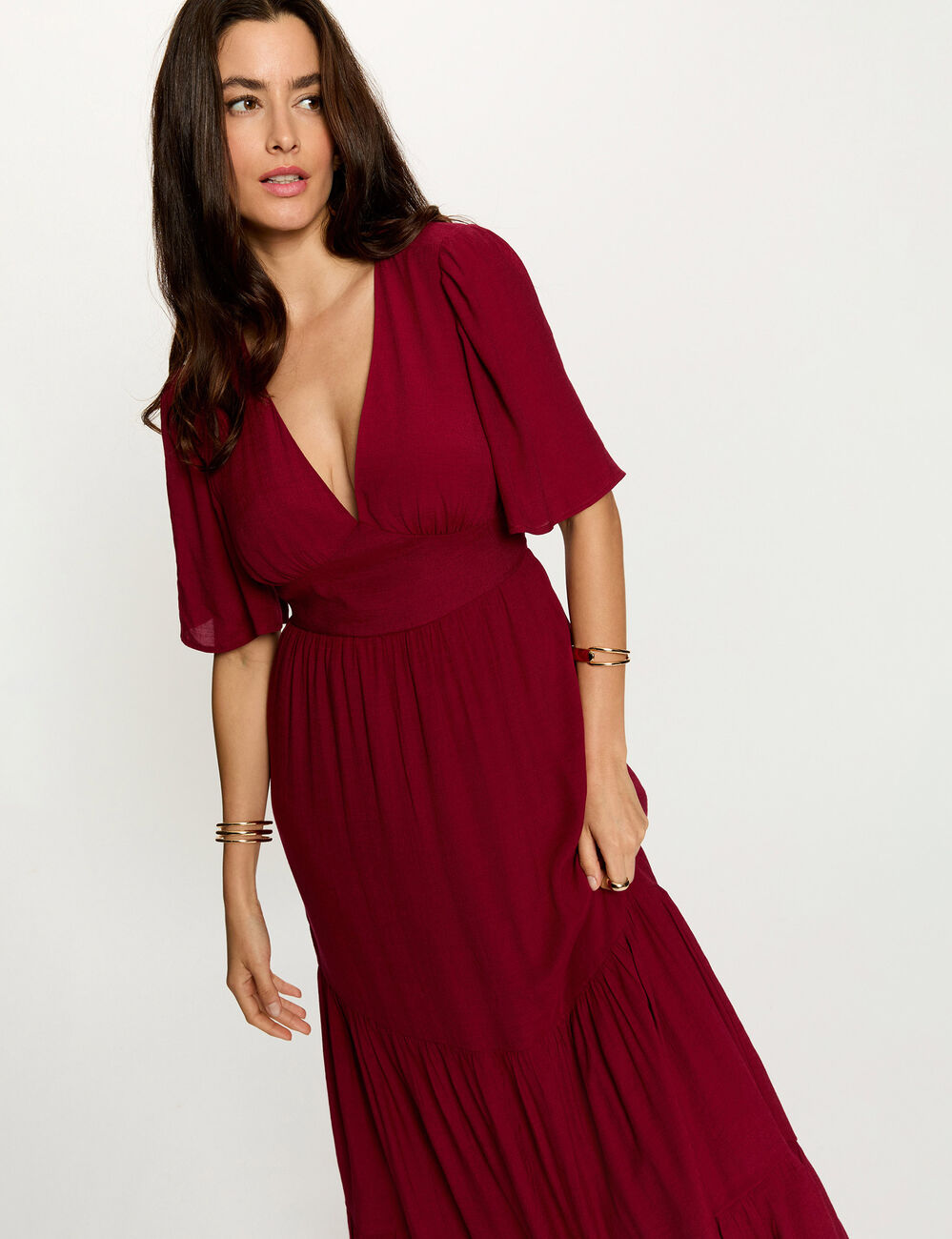Vestido largo con cuello en V burdeos mujer