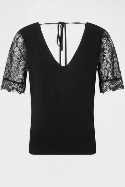 Jersey manga corta con encaje negro mujer