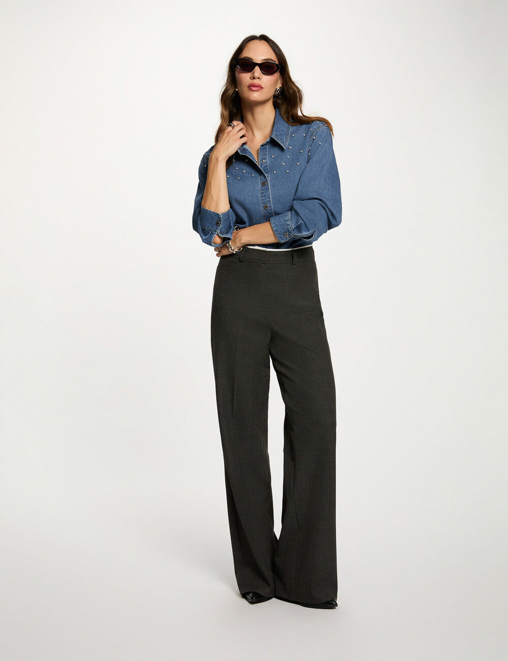 Pantal&oacute;n ancho de tiro alto gris moyen mujer