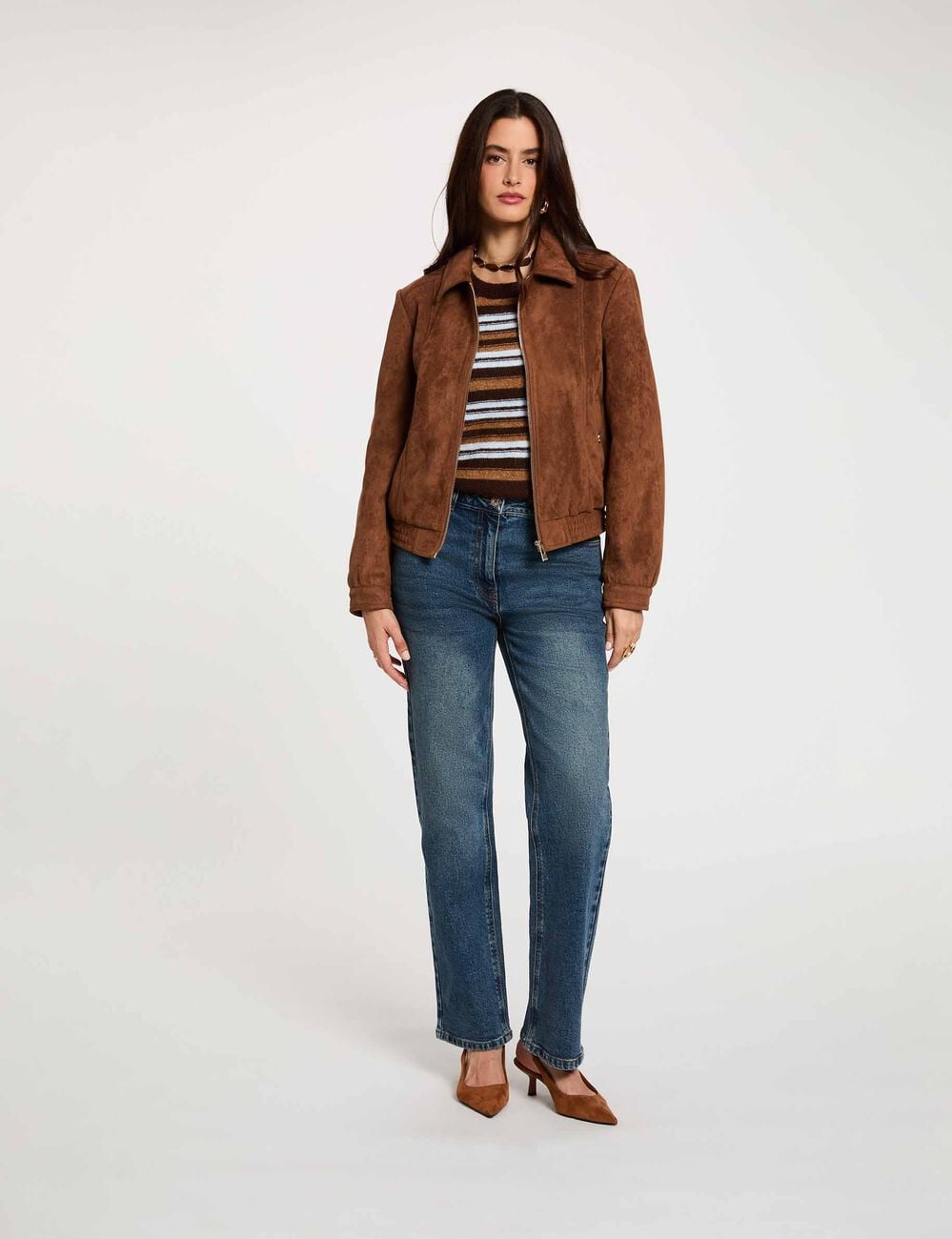 Chaqueta de antelina marr&oacute;n co&ntilde;ac mujer