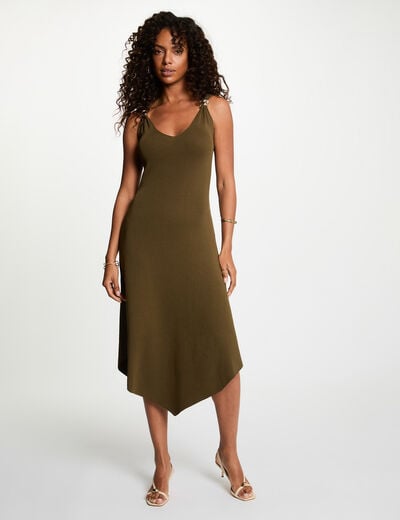 Vestido de punto con cuello en V verde caqui mujer