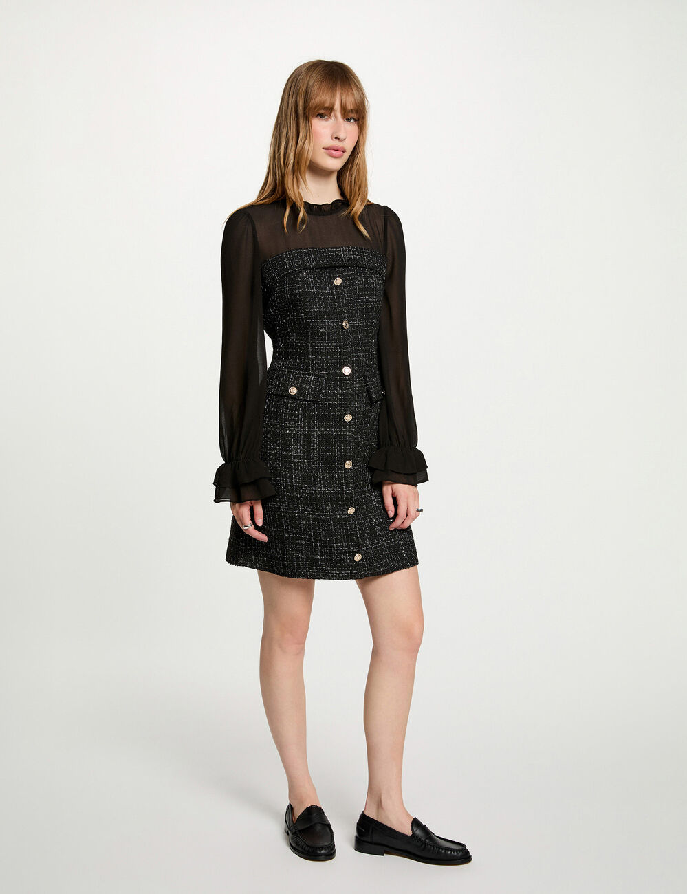 Vestido de tweed con mangas largas negro mujer