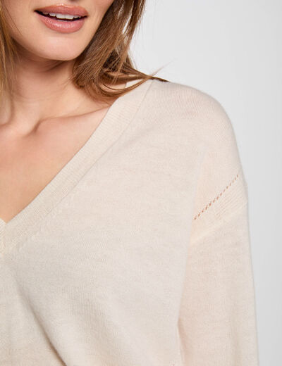 Jersey escote en V manga larga marfil mujer