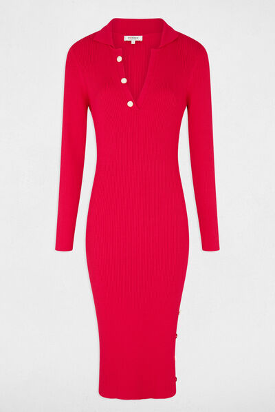 Vestido de punto ajustado con botones fucsia mujer