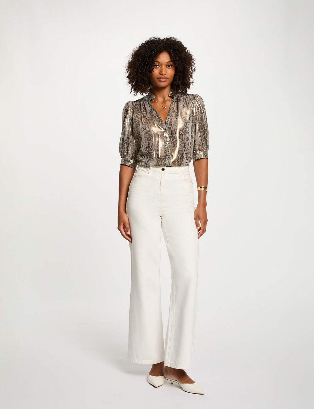 Camisa entallada mangas abullonadas multicolor mujer