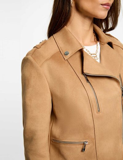 Chaqueta corta de ante marr&oacute;n co&ntilde;ac mujer