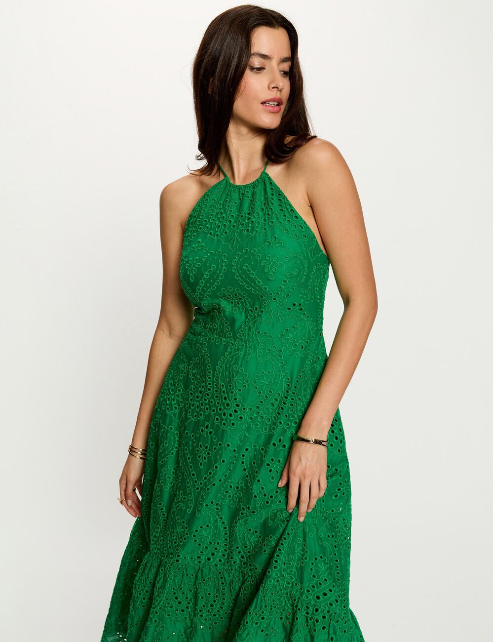 Vestido largo con bordado ingl&eacute;s verde pradera mujer