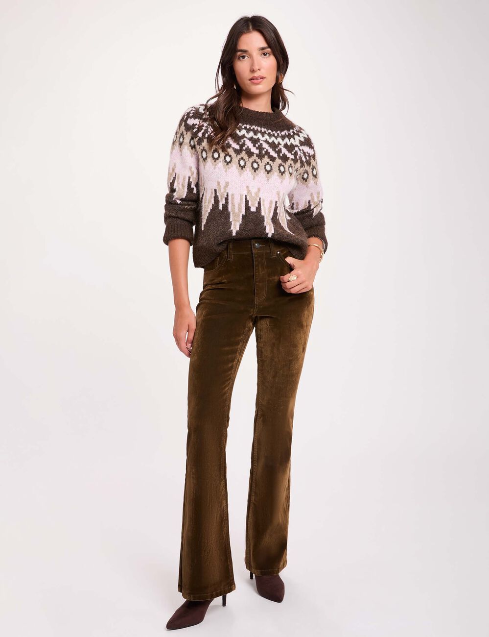 Jersey de chevron con cuello redondo marr&oacute;n oscuro mujer
