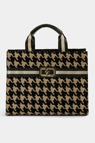 Bolso shopper estampado pata de gallo marrón mujer