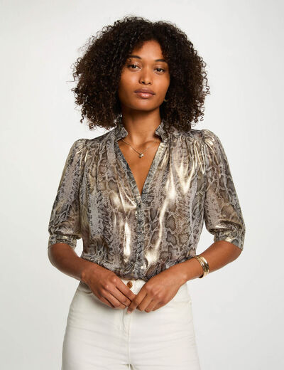 Camisa entallada mangas abullonadas multicolor mujer