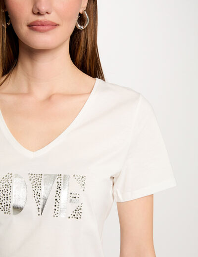 Camiseta con mensaje marfil mujer