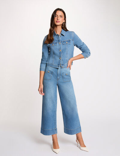 Jean ancho de tiro alto denim stone mujer