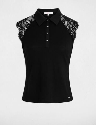 Camiseta encaje cuello solapa negro mujer