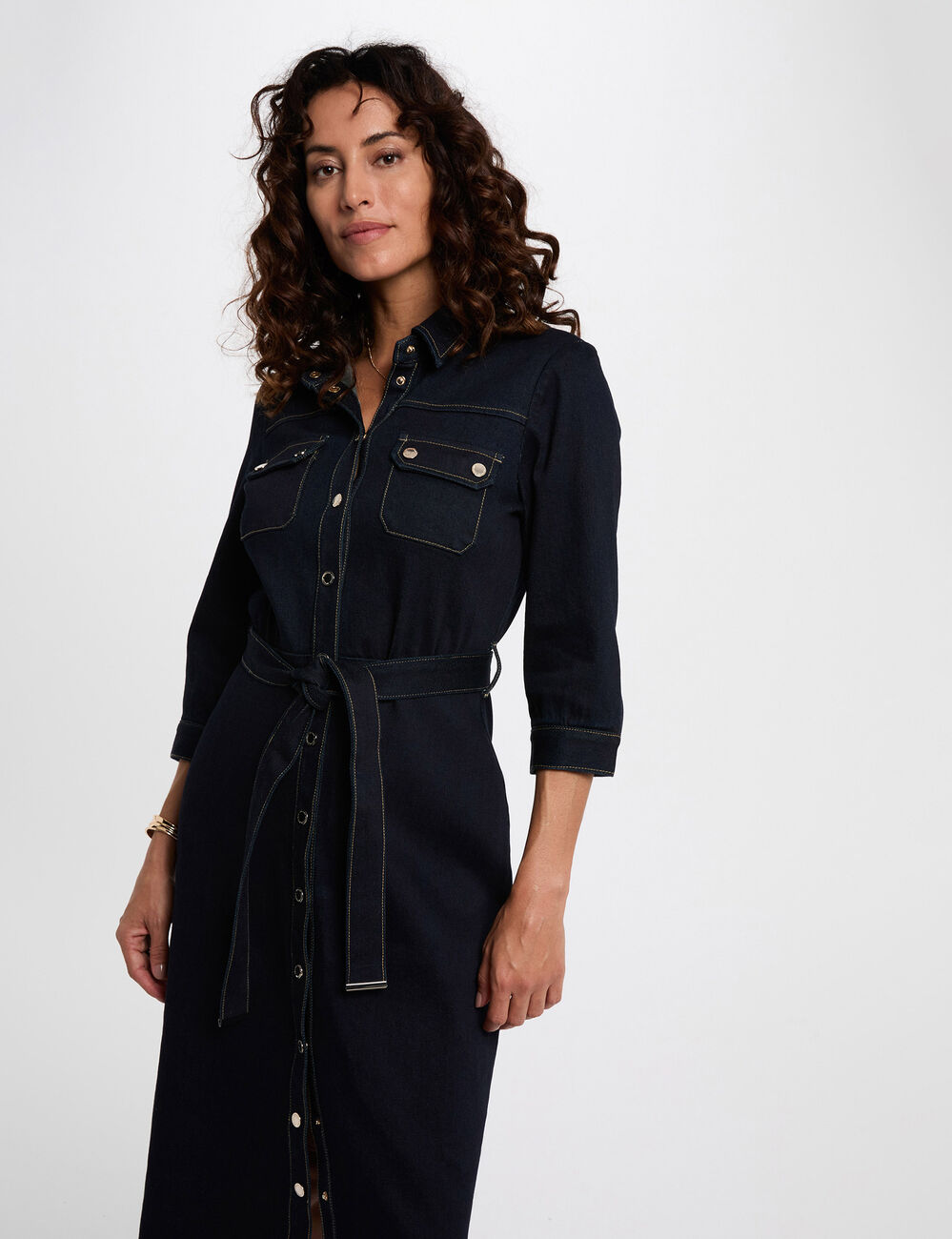 Vestido 3/4 abotonado denim crudo mujer