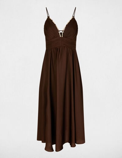 Vestido largo con cuello en v marr&oacute;n oscuro mujer