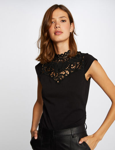 Camiseta manga corta con encaje negro mujer