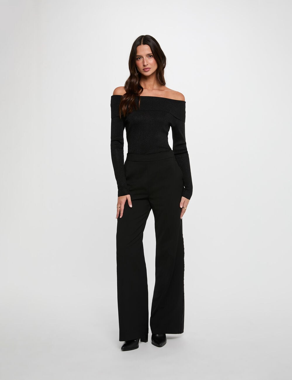 Jersey con cuello bardot metalizado negro mujer
