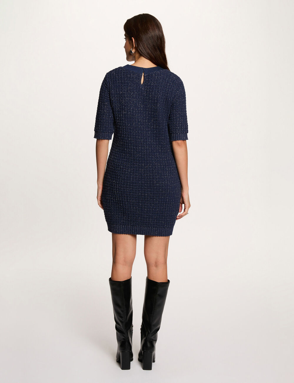 Vestido de punto con cuello redondo azul marino mujer