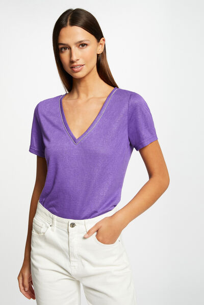 Camiseta manga corta con escote en V violeta mujer