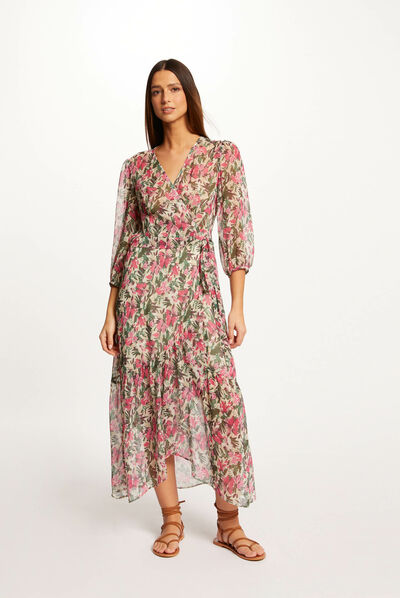 Vestido midi cruzado estampado floral multicolor mujer