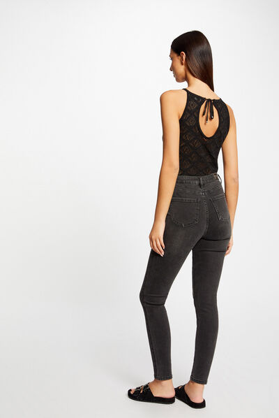 Top punto calado con hilos metalizados negro mujer