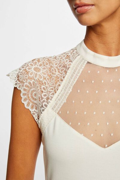 Camiseta manga corta con encaje marfil mujer