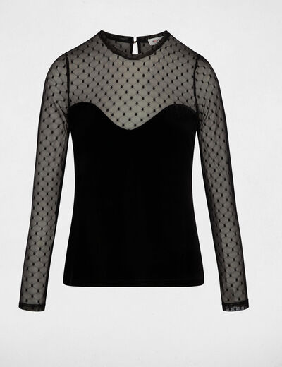 Camiseta de terciopelo con transparencia negro mujer