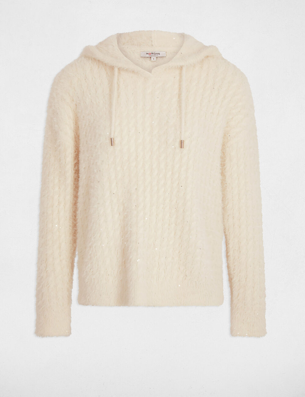 Jersey con capucha y lentejuelas marfil mujer