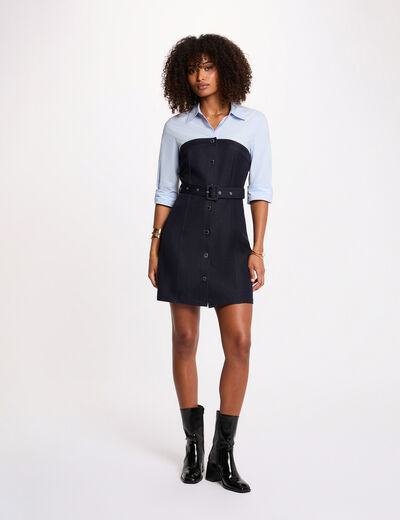 Vestido corto efecto 2 en 1 denim crudo mujer