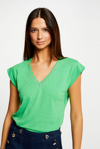 Camiseta manga corta con escote en V verde mujer