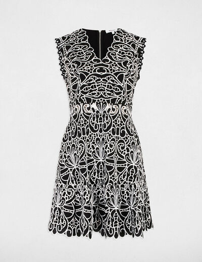Vestido corto evasé bordado negro mujer