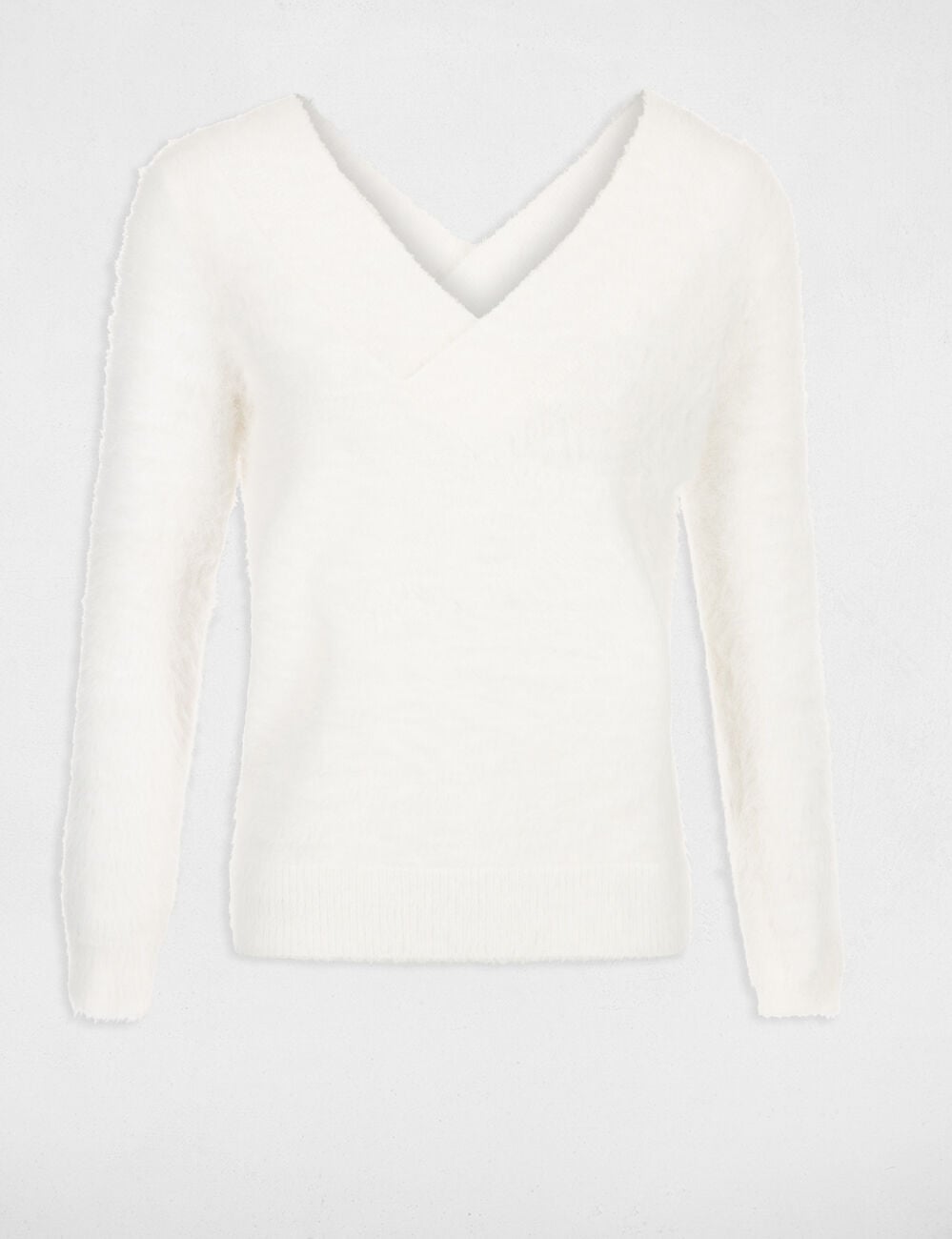 Jersey de pelo con doble escote en V marfil mujer